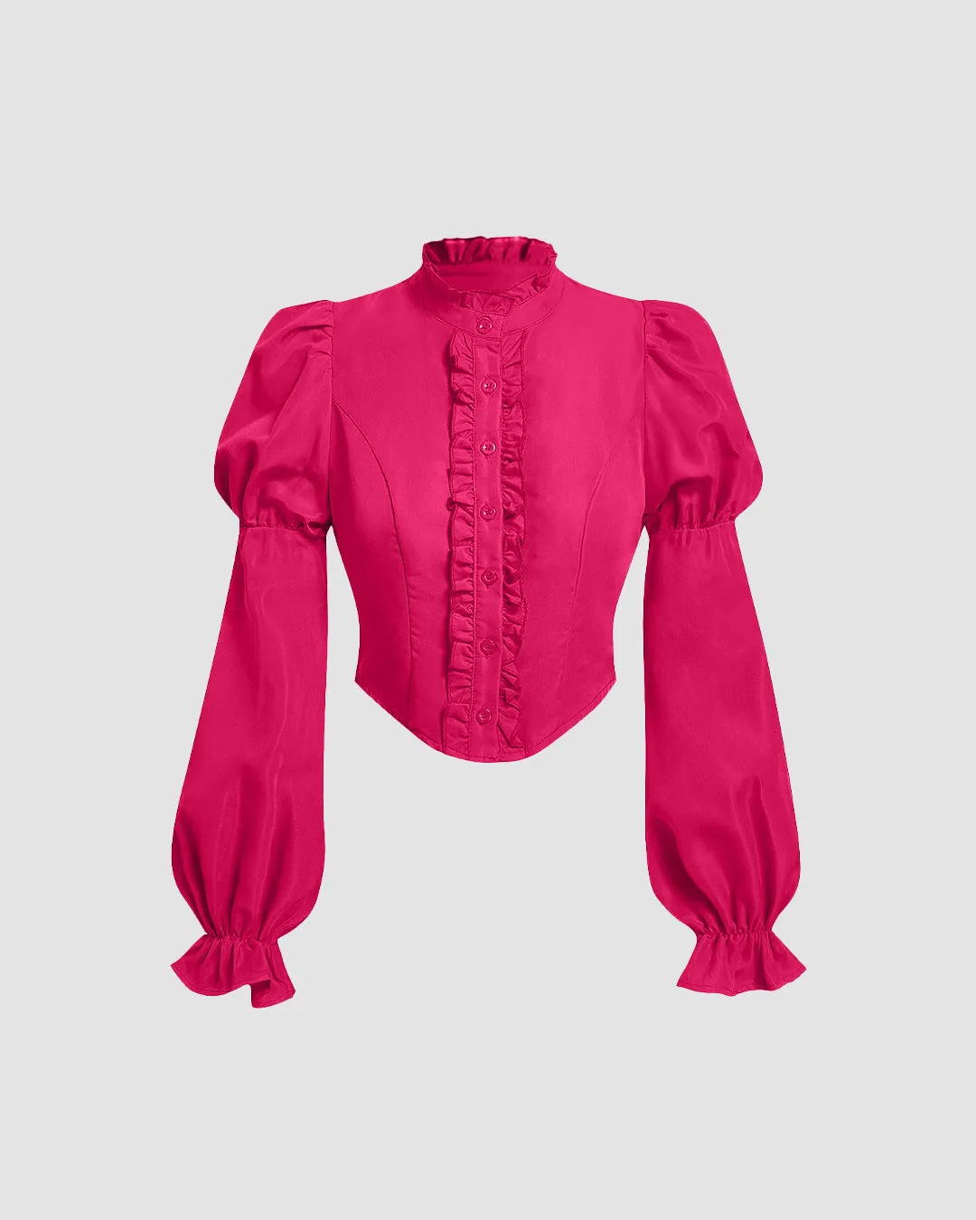 Ruffled High Neck Corset-Style Lantern Sleeve Blouse in Pink
