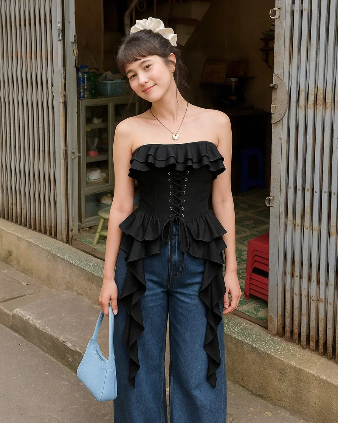 Ruffled Lace up Bandeau Black Crop Top - Image 2
