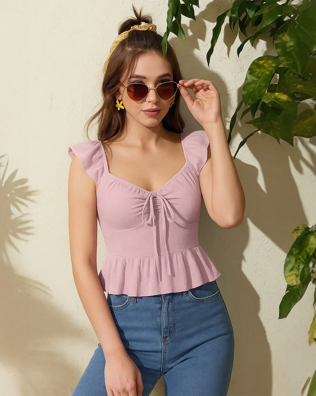 Ruffled Sleeve Tie Front Peplum Top in Baby Pink - Image 2