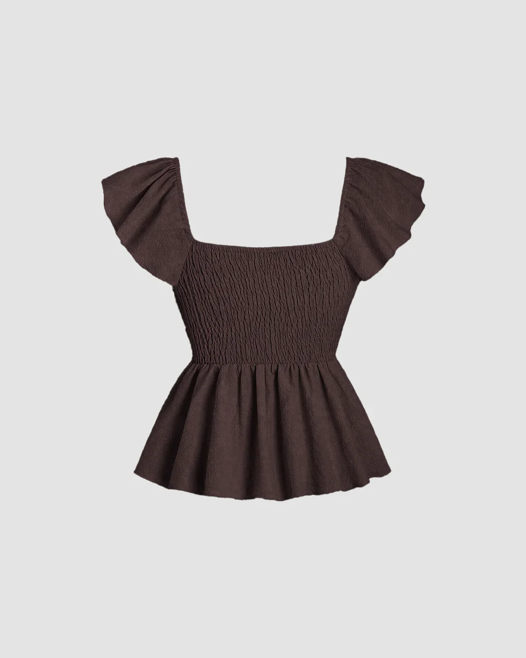 Ruffled Sleeve Tie Front Peplum Top in Brown - Image 2