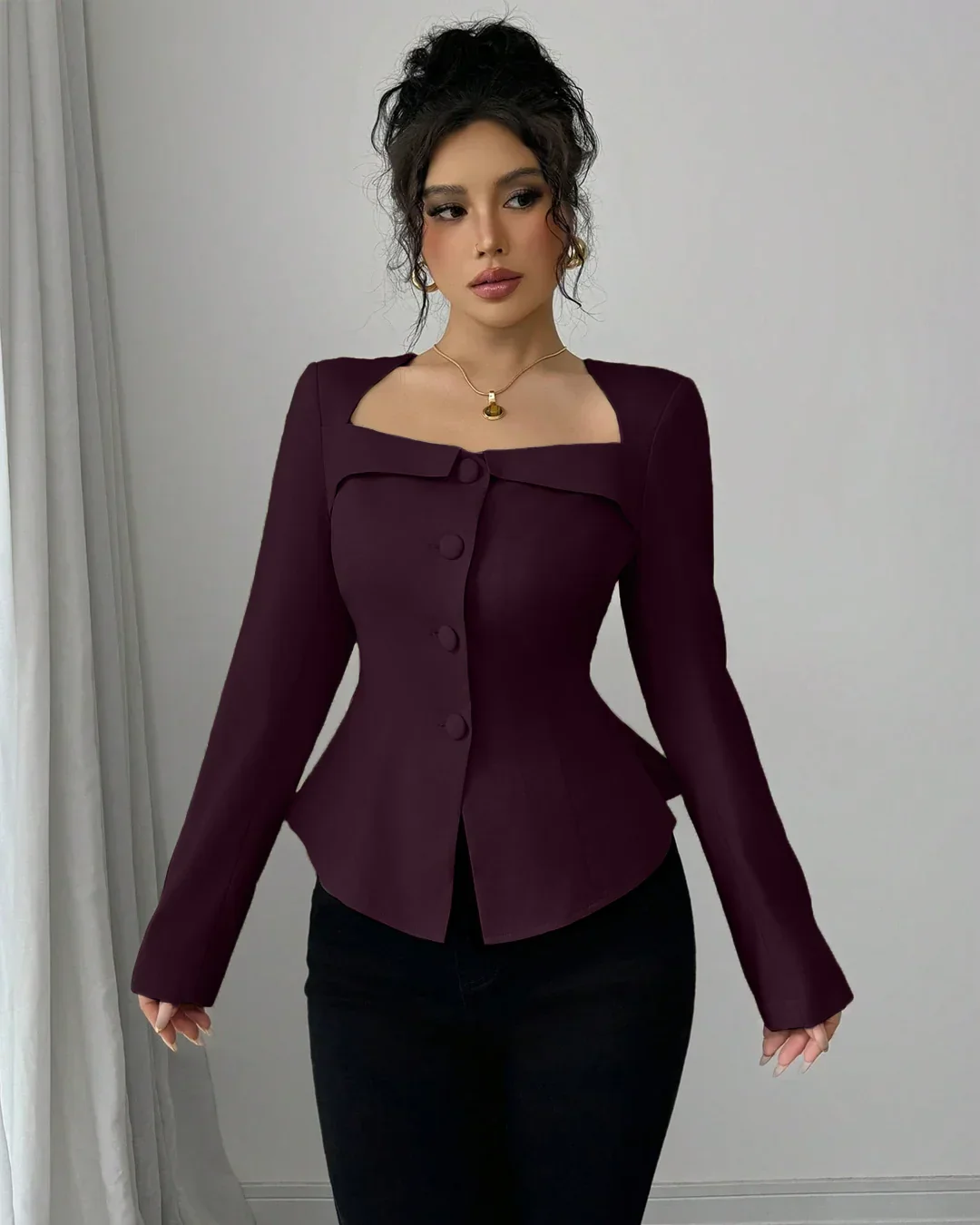 Rust Square Neck Buttoned Peplum Full Sleeve Top - Image 2