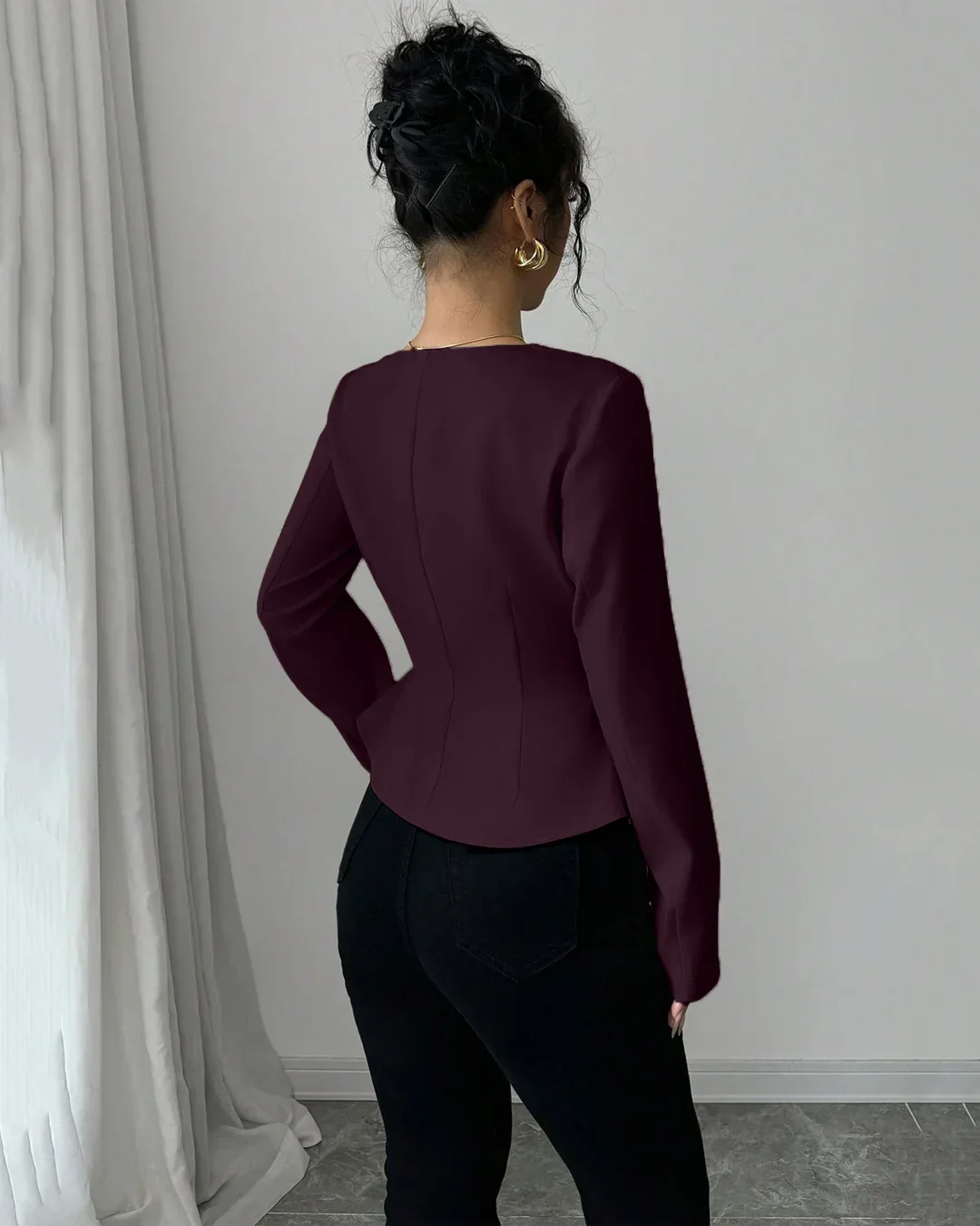 Rust Square Neck Buttoned Peplum Full Sleeve Top - Image 3