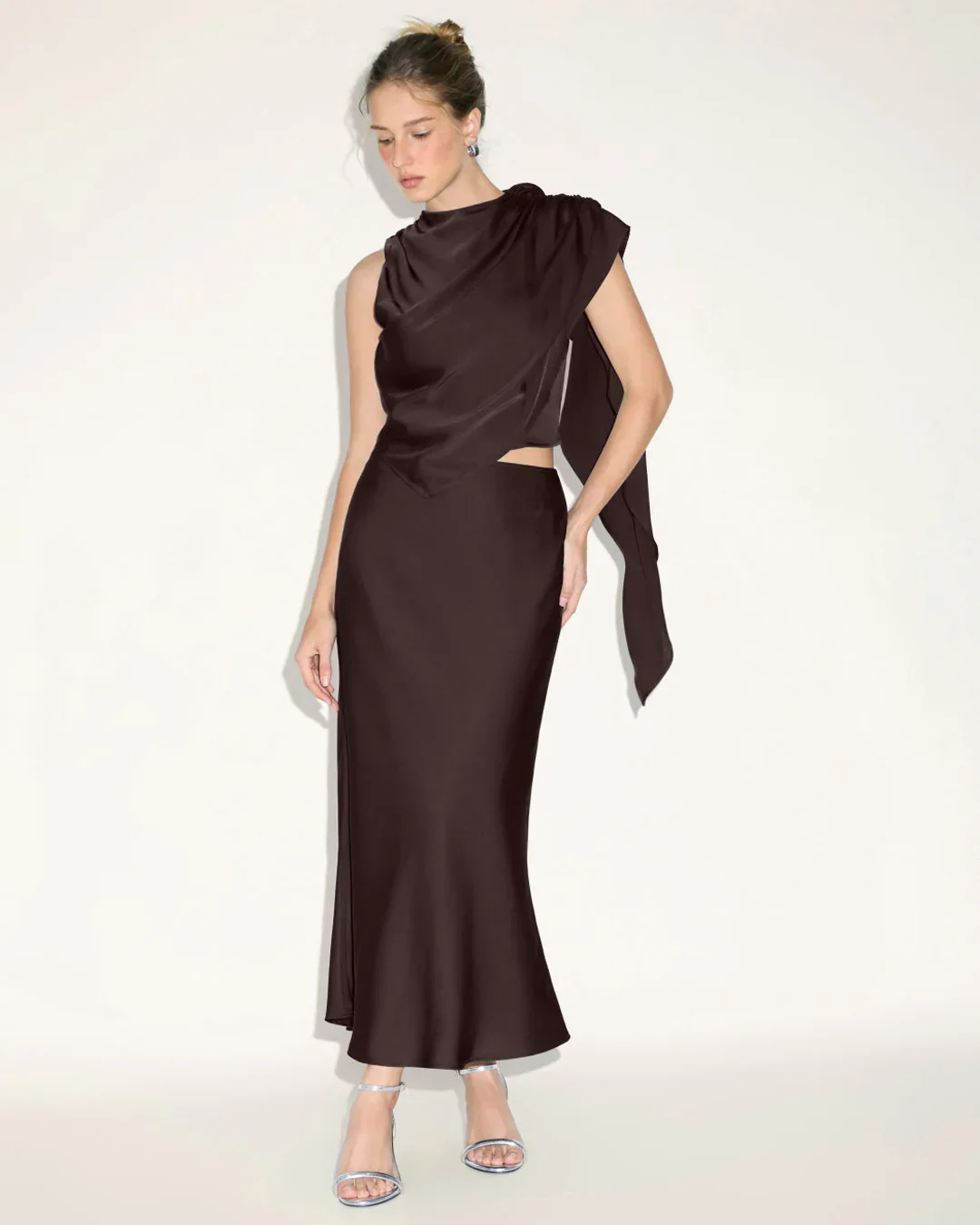 Satin Asymmetrical Ruched Cropped Top and Zipper Mermaid Maxi Skirt Set in Coffee - Image 3
