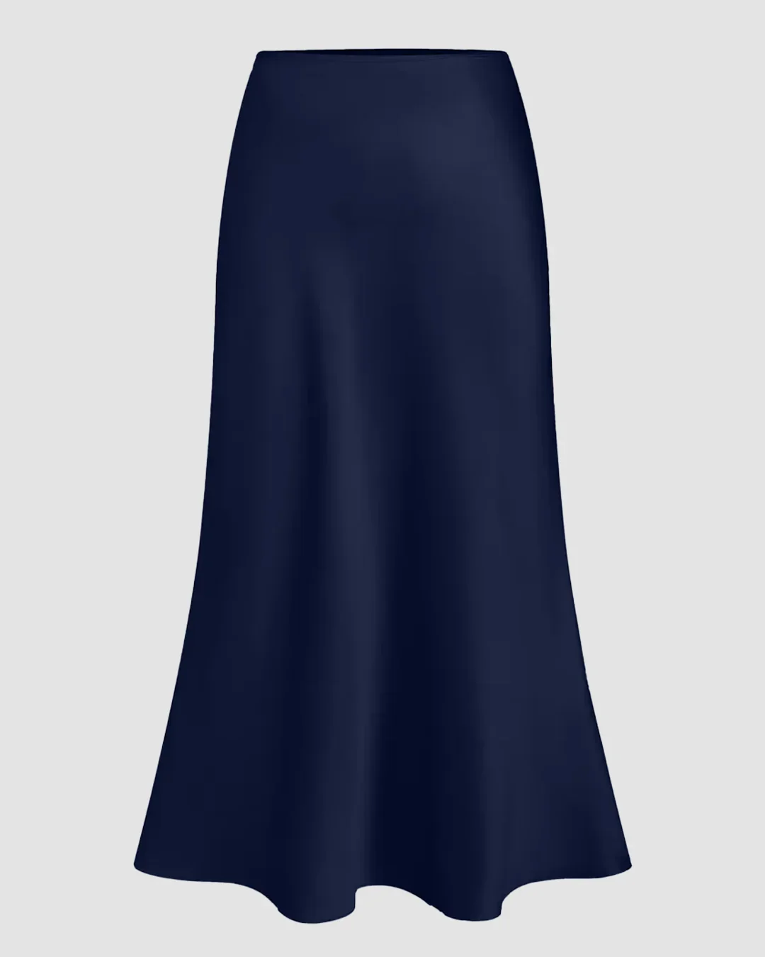 Satin Bias-Cut Flared Midi Skirt in Navy Blue
