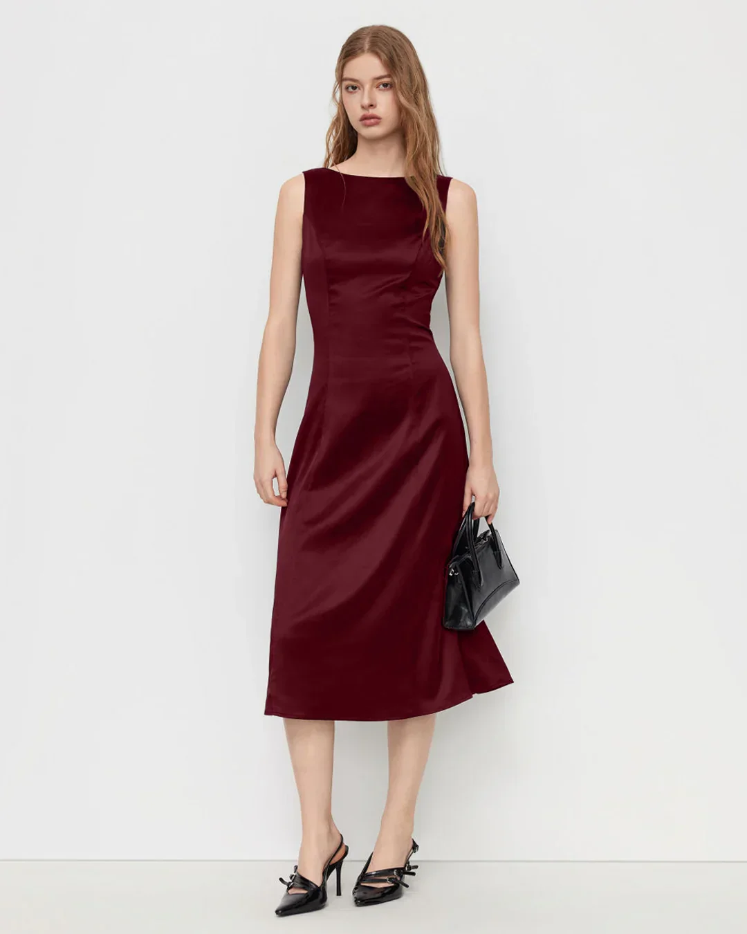 Satin Boat Neck Cinched Waist Midi Dress in Red - Image 2