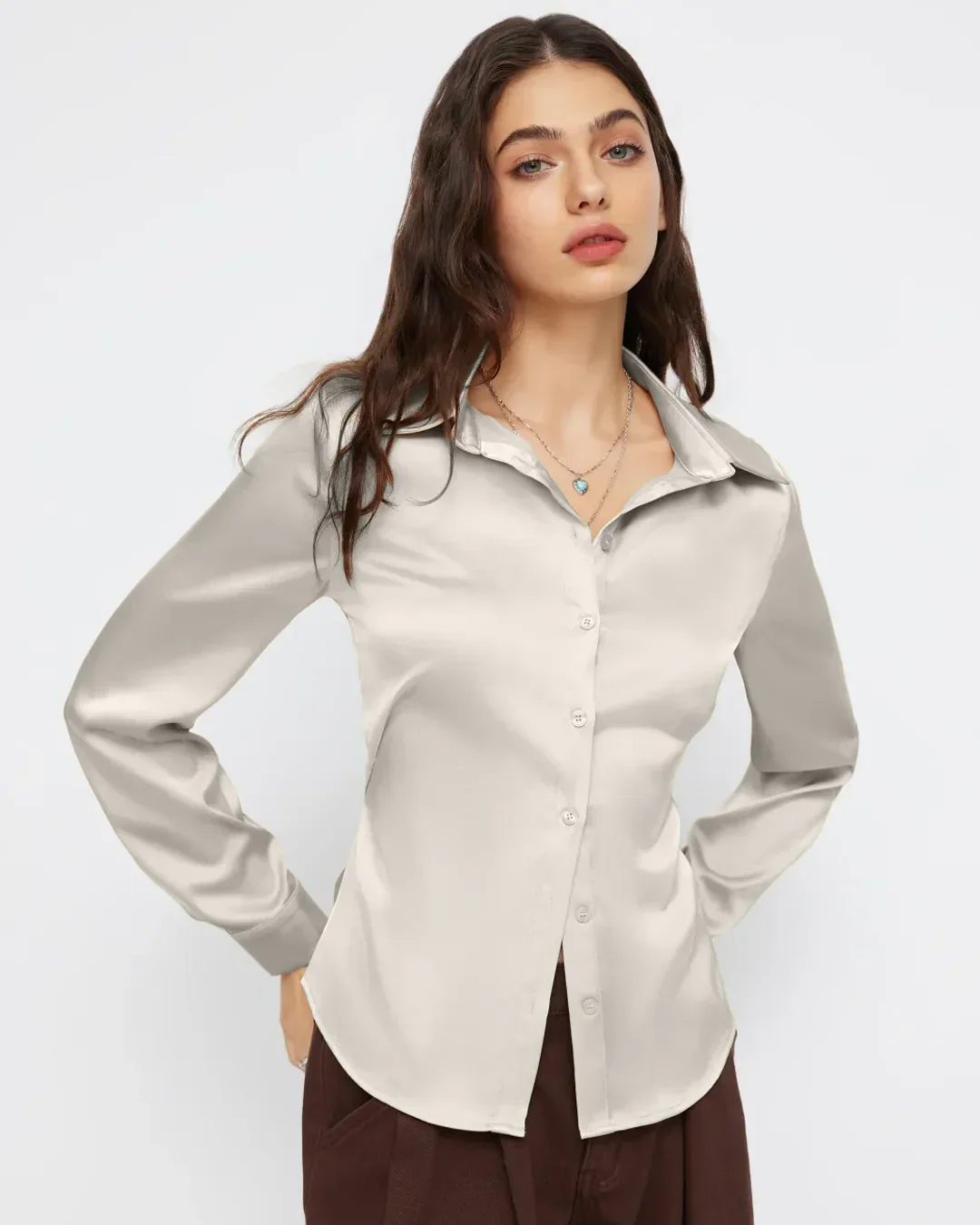 Satin Button-Down Collar Full Sleeve Shirt in Cream - Image 2