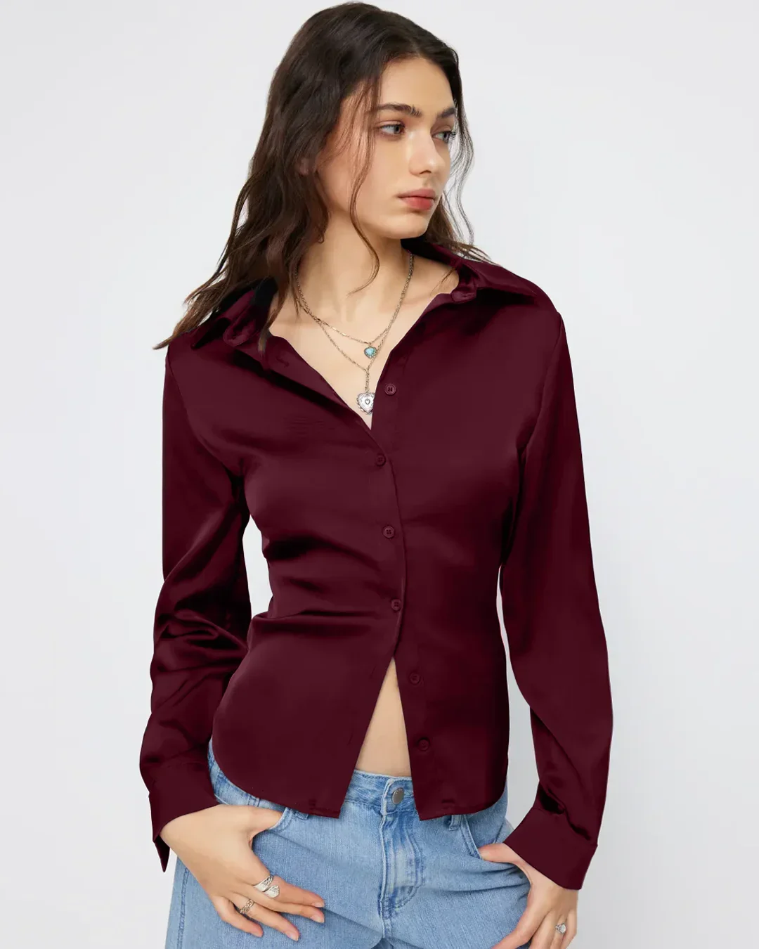 Satin Button-Down Collar Full Sleeve Shirt in Maroon - Image 2