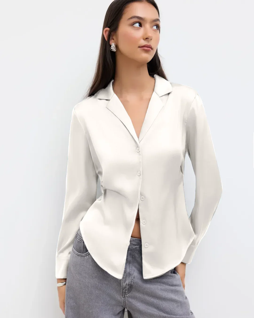 Satin Button Down Full Sleeve Shirt with Classic Collar in Cream - Image 2