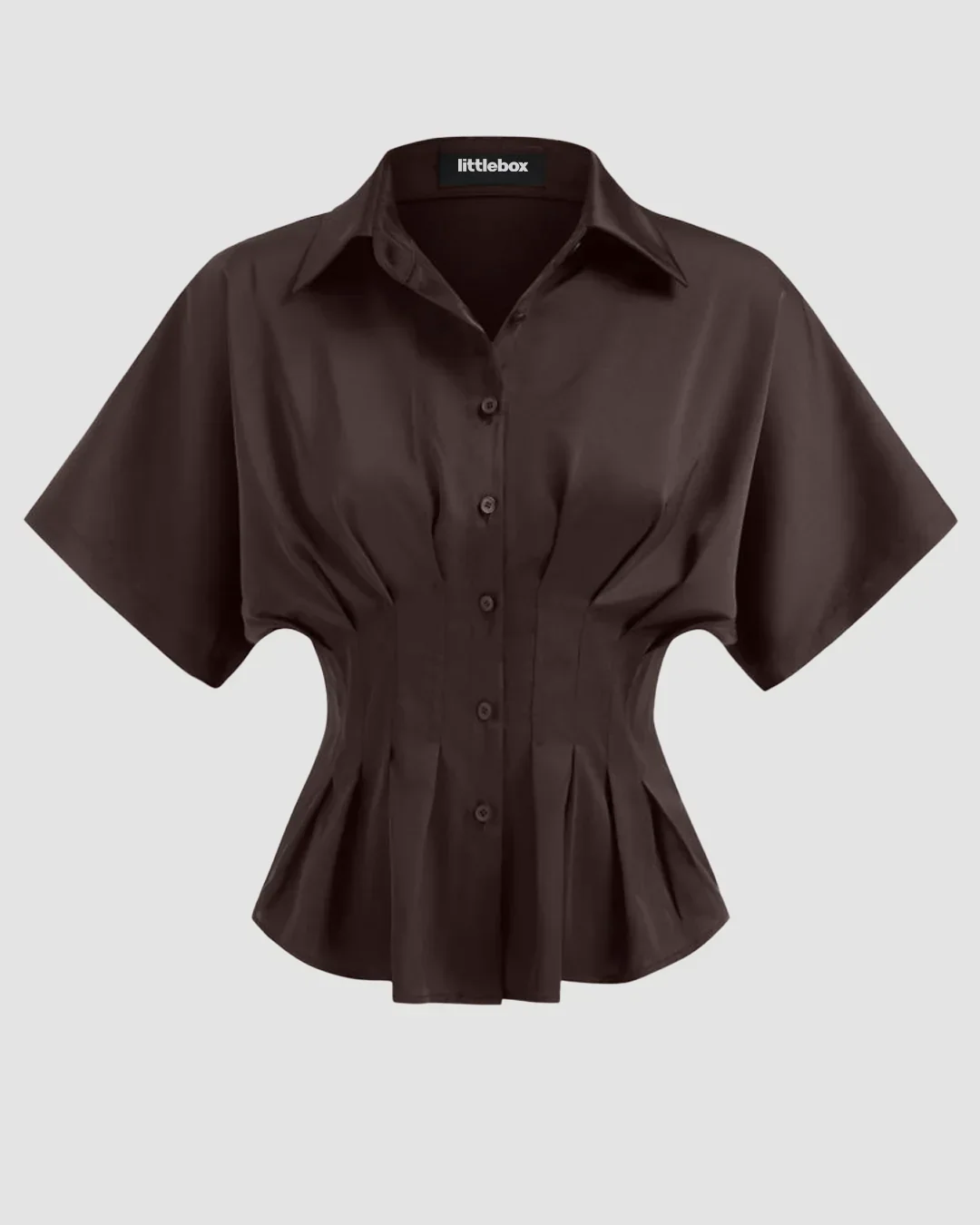 Satin Collar Pleated Cinched Short Sleeve Shirt in coffee