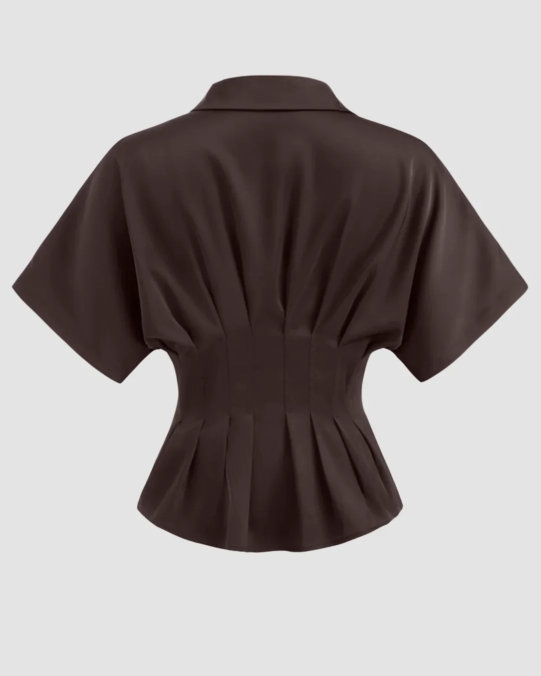 Satin Collar Pleated Cinched Short Sleeve Shirt in coffee - Image 2