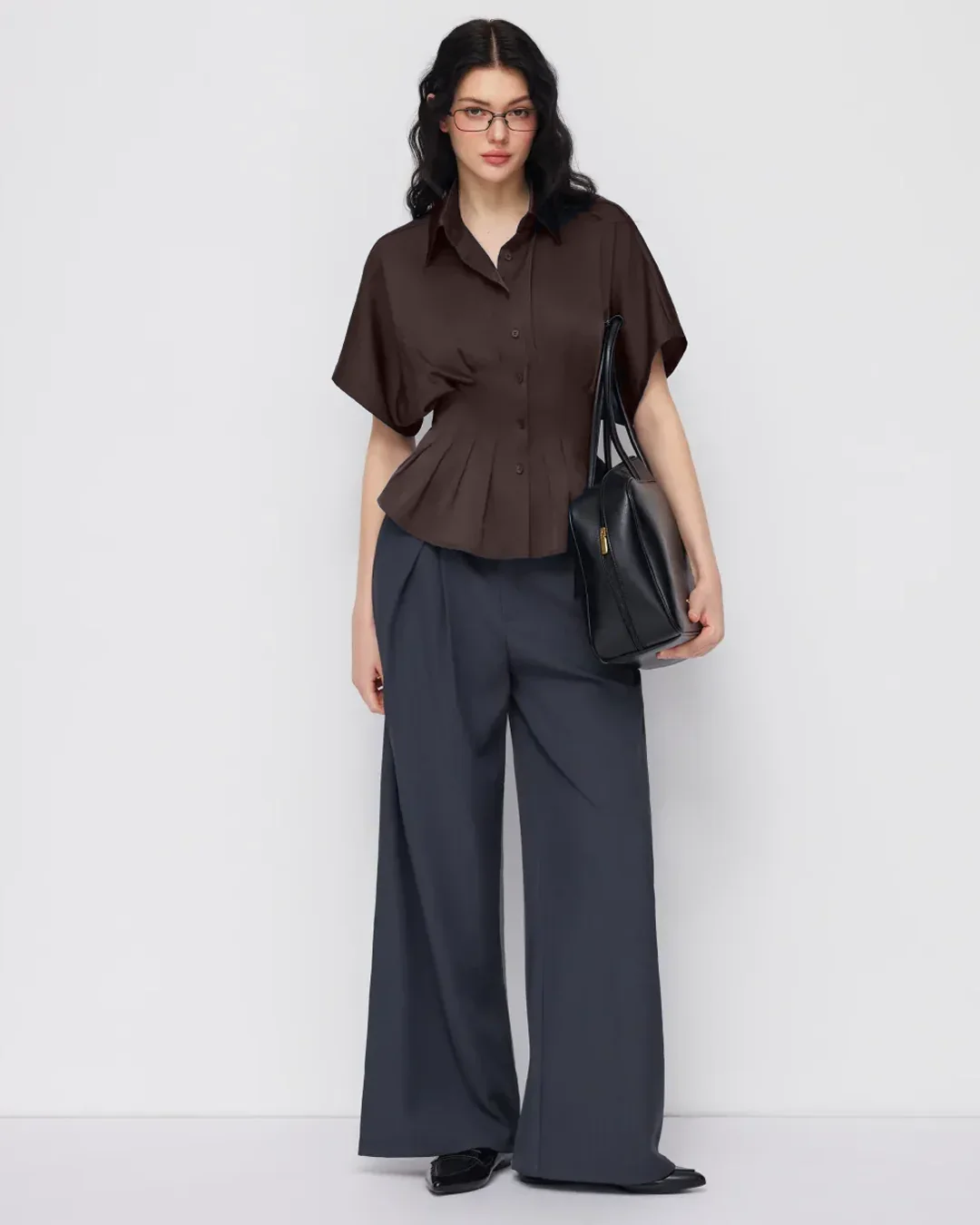 Satin Collar Pleated Cinched Short Sleeve Shirt in coffee - Image 3