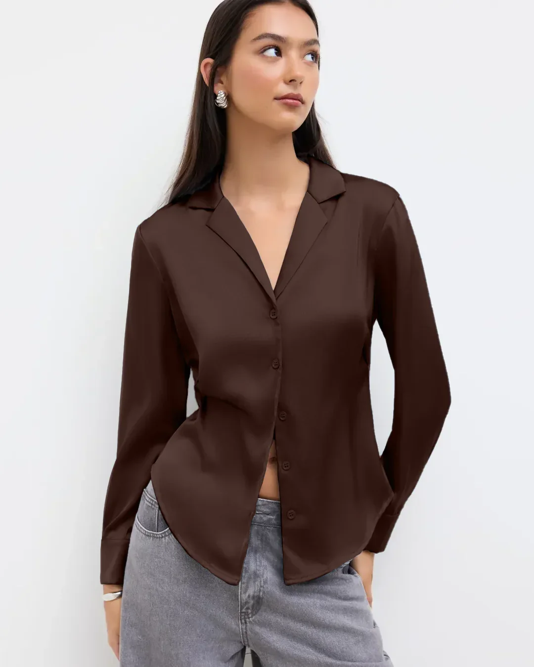 Satin Collared Button Down Full Sleeve Shirt in Brown - Image 2