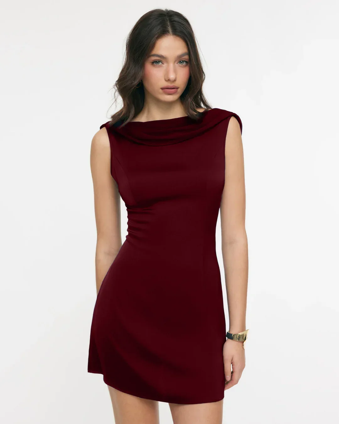 Satin Cowl Neck Draped Backless Fit and Flare Mini Dress in Red - Image 3