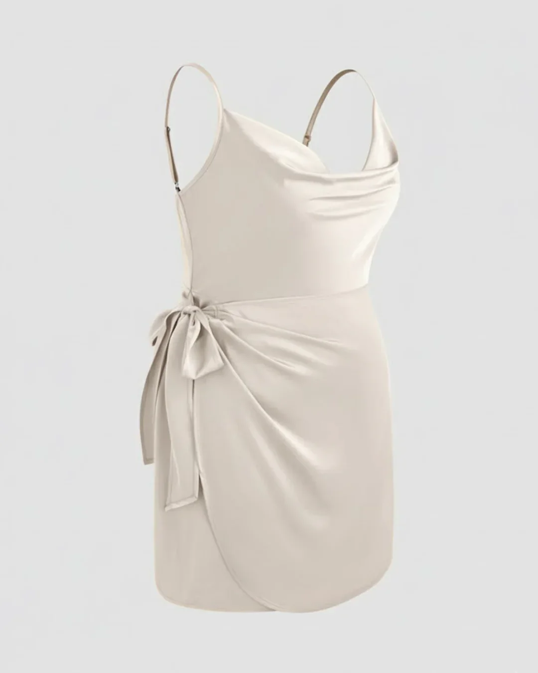 Satin Cowl Neck Solid Knotted Zipper Mini Dress Curve & Plus - Image 3