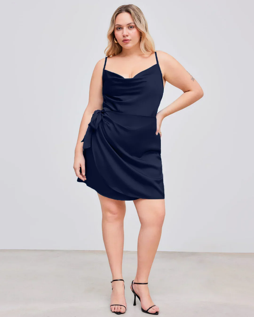 Satin Cowl Neck Solid Knotted Zipper Mini Dress Curve & Plus in Navy Blue
