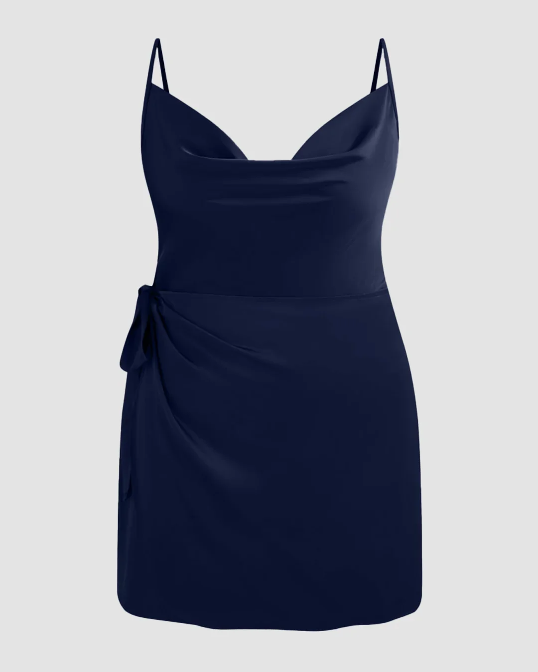 Satin Cowl Neck Solid Knotted Zipper Mini Dress Curve & Plus in Navy Blue - Image 2