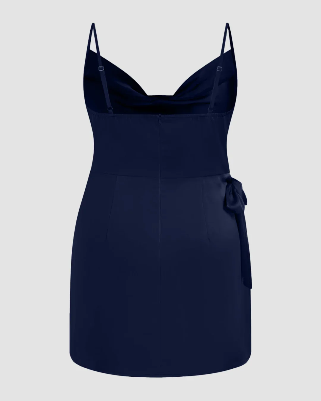 Satin Cowl Neck Solid Knotted Zipper Mini Dress Curve & Plus in Navy Blue - Image 3