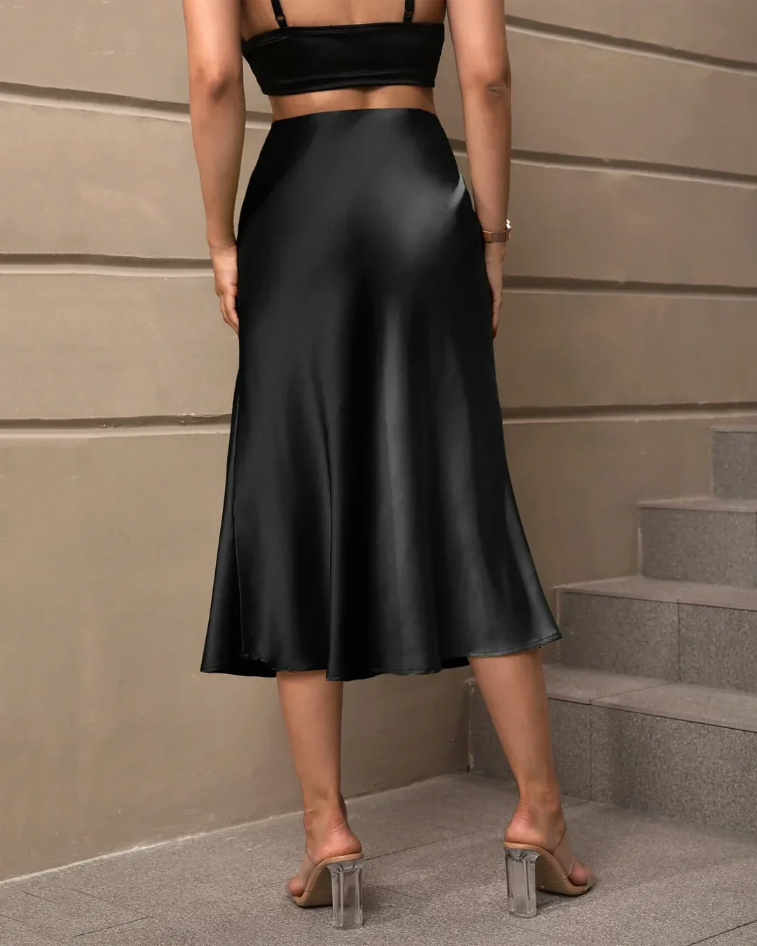Satin Flared Midi Skirt in Black - Image 2