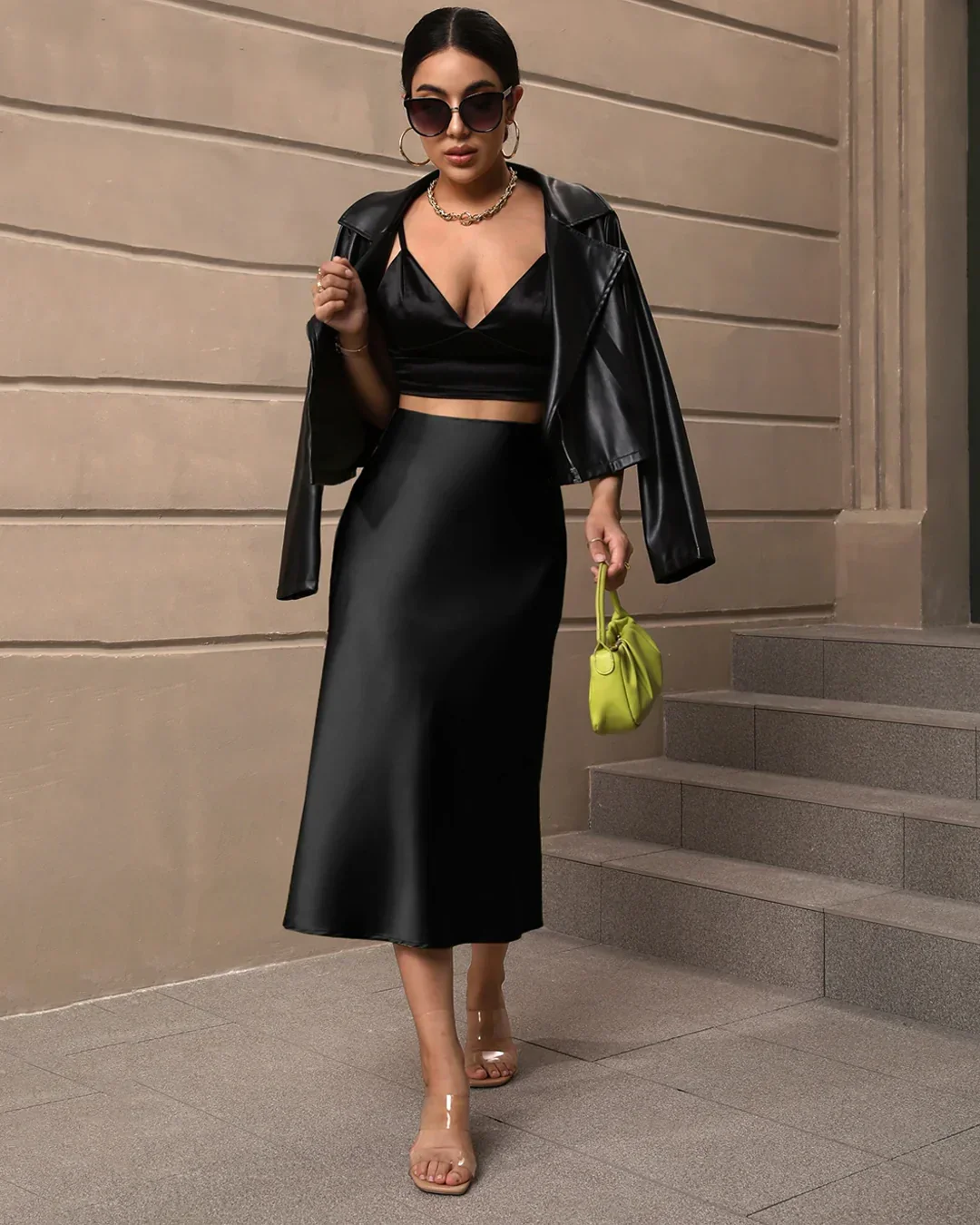 Satin Flared Midi Skirt in Black - Image 3