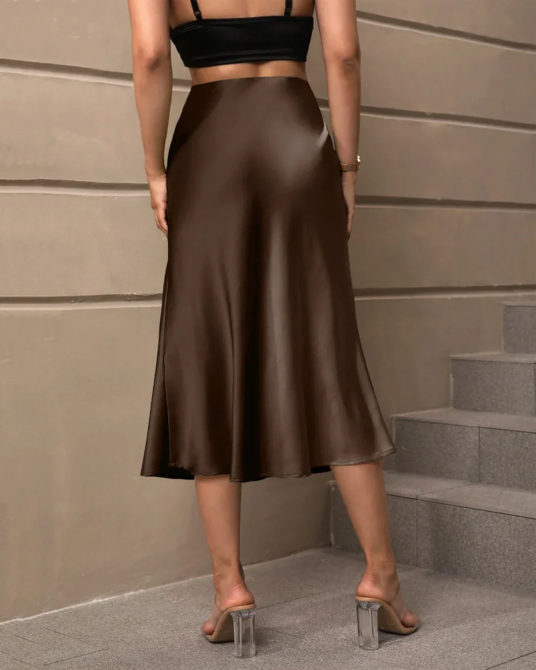 Satin Flared Midi Skirt in Brown - Image 3
