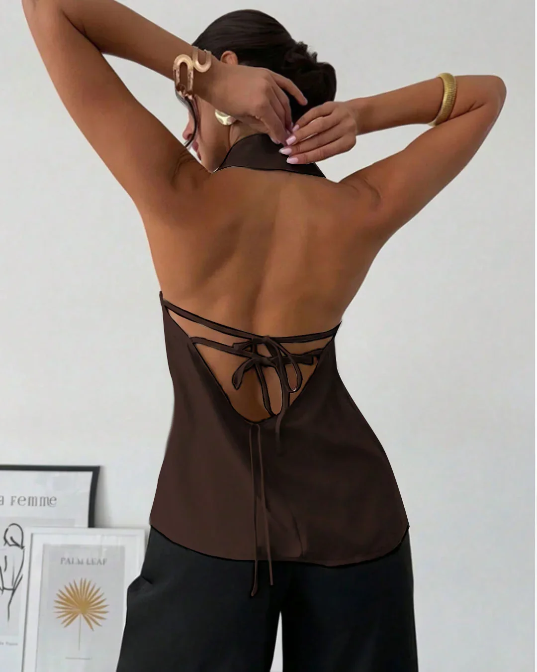 Satin Halter Neck Backless Tie Top in Coffee - Image 2