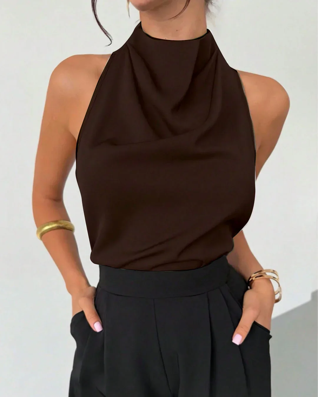 Satin Halter Neck Backless Tie Top in Coffee - Image 3