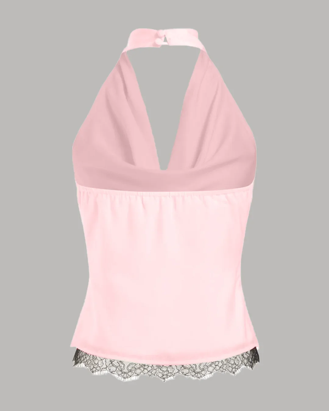 Satin Halter Neck Lace Trim Ruched Top in Cherry Blossom - Image 2