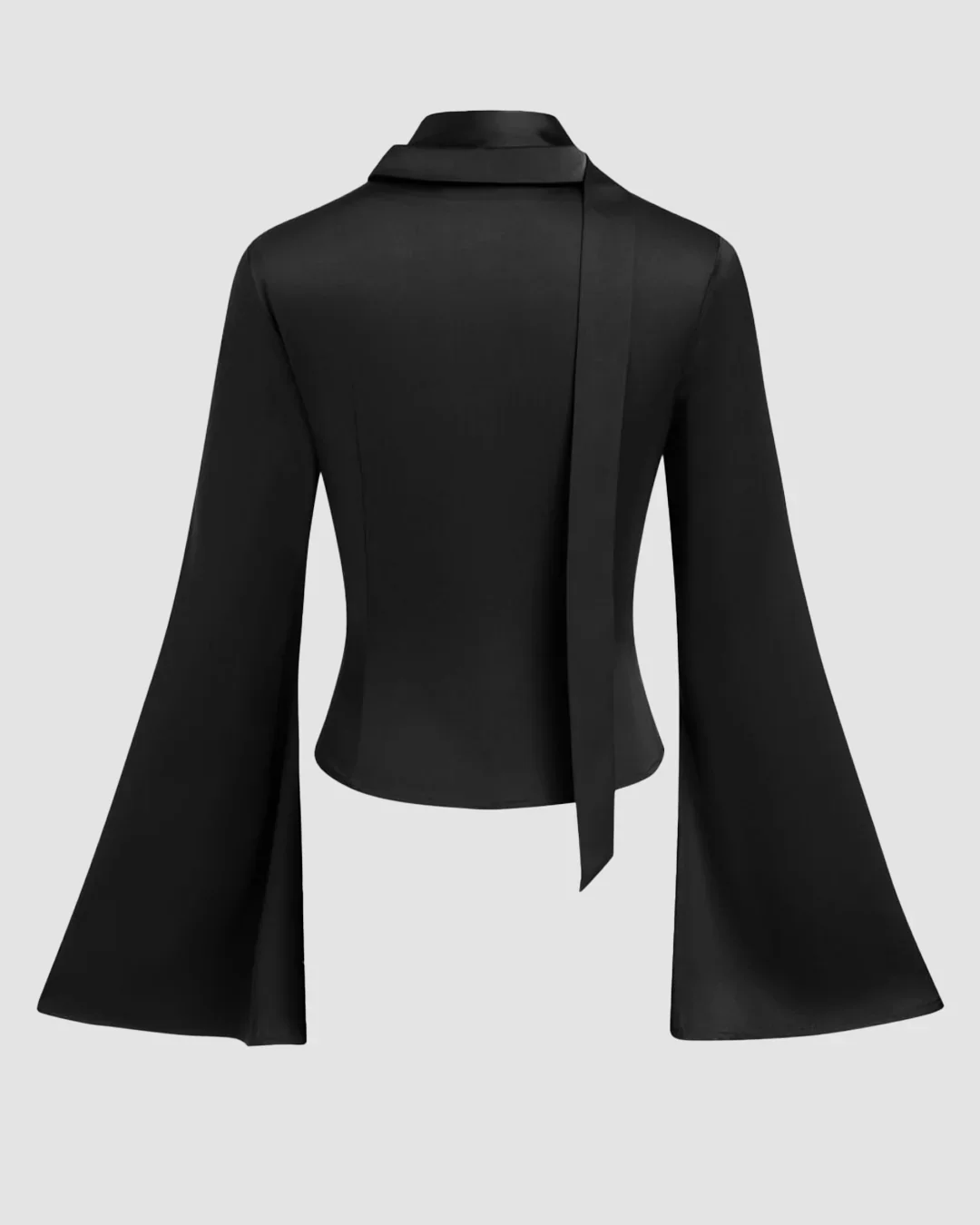 Satin Polo Ruched Bell Sleeve Top With Scarf in Black - Image 2