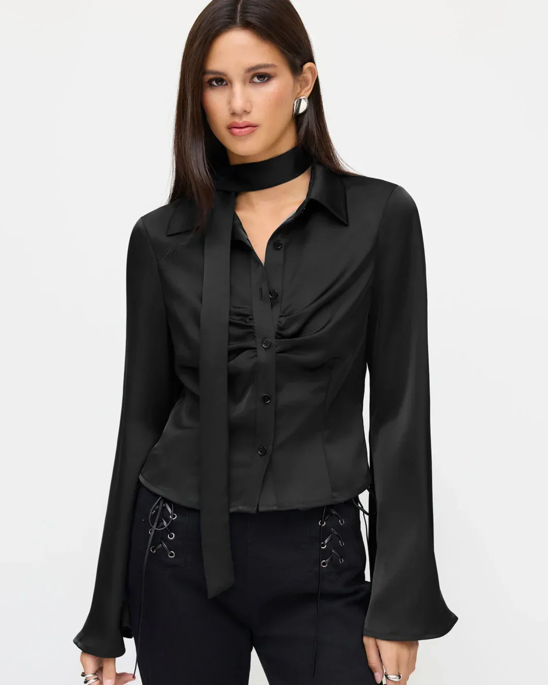 Satin Polo Ruched Bell Sleeve Top With Scarf in Black - Image 3