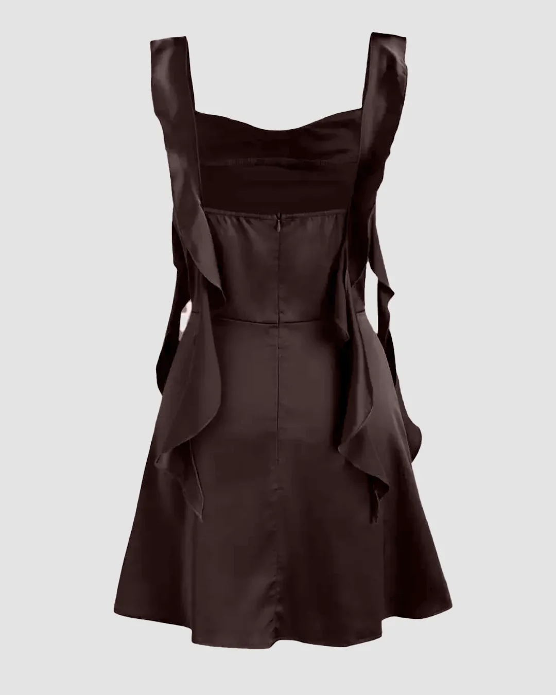 Satin Ruched Ruffle Hem Mini Dress in Coffee - Image 2