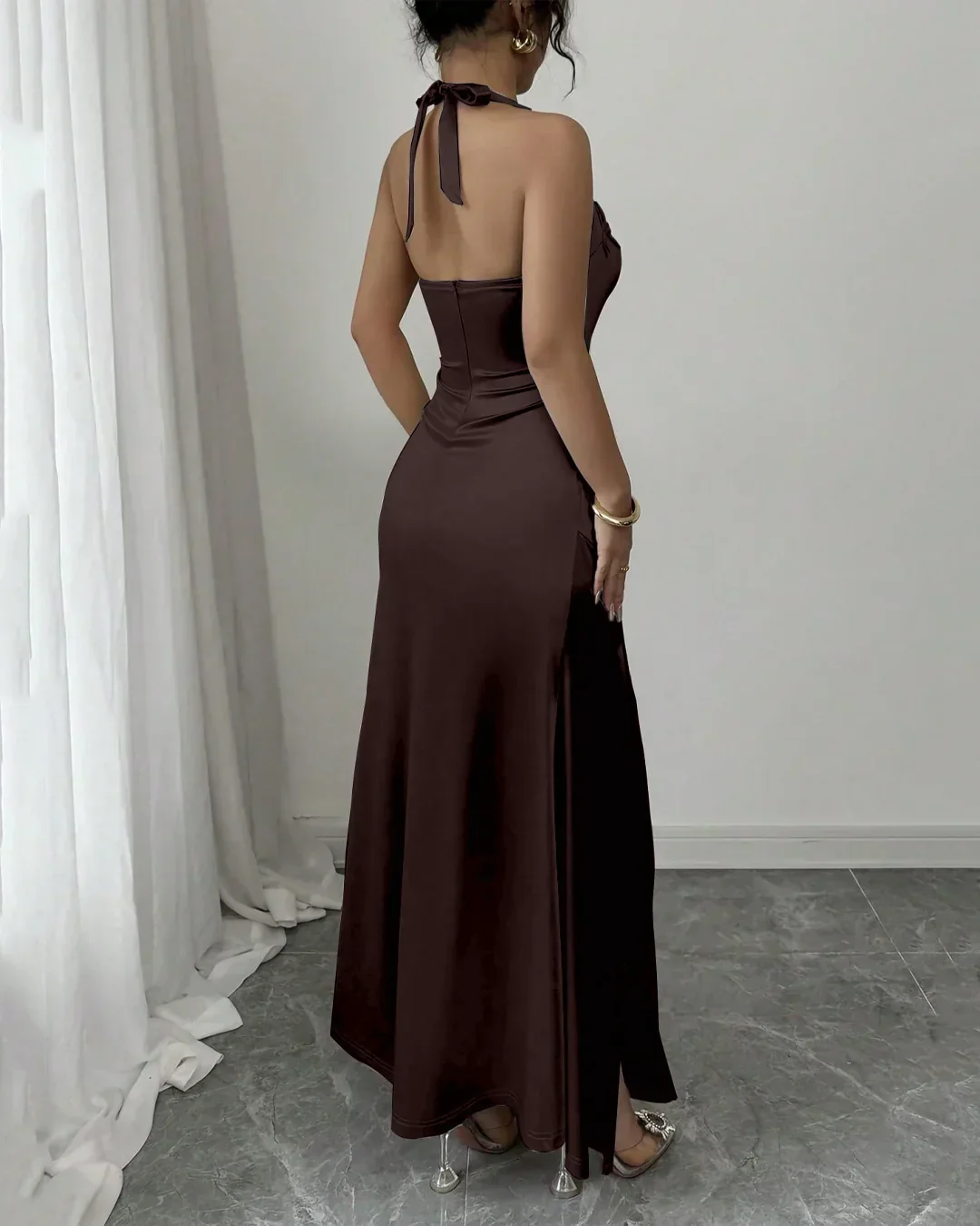 Ruched Halter Neck Maxi Dress in Coffee - Image 3