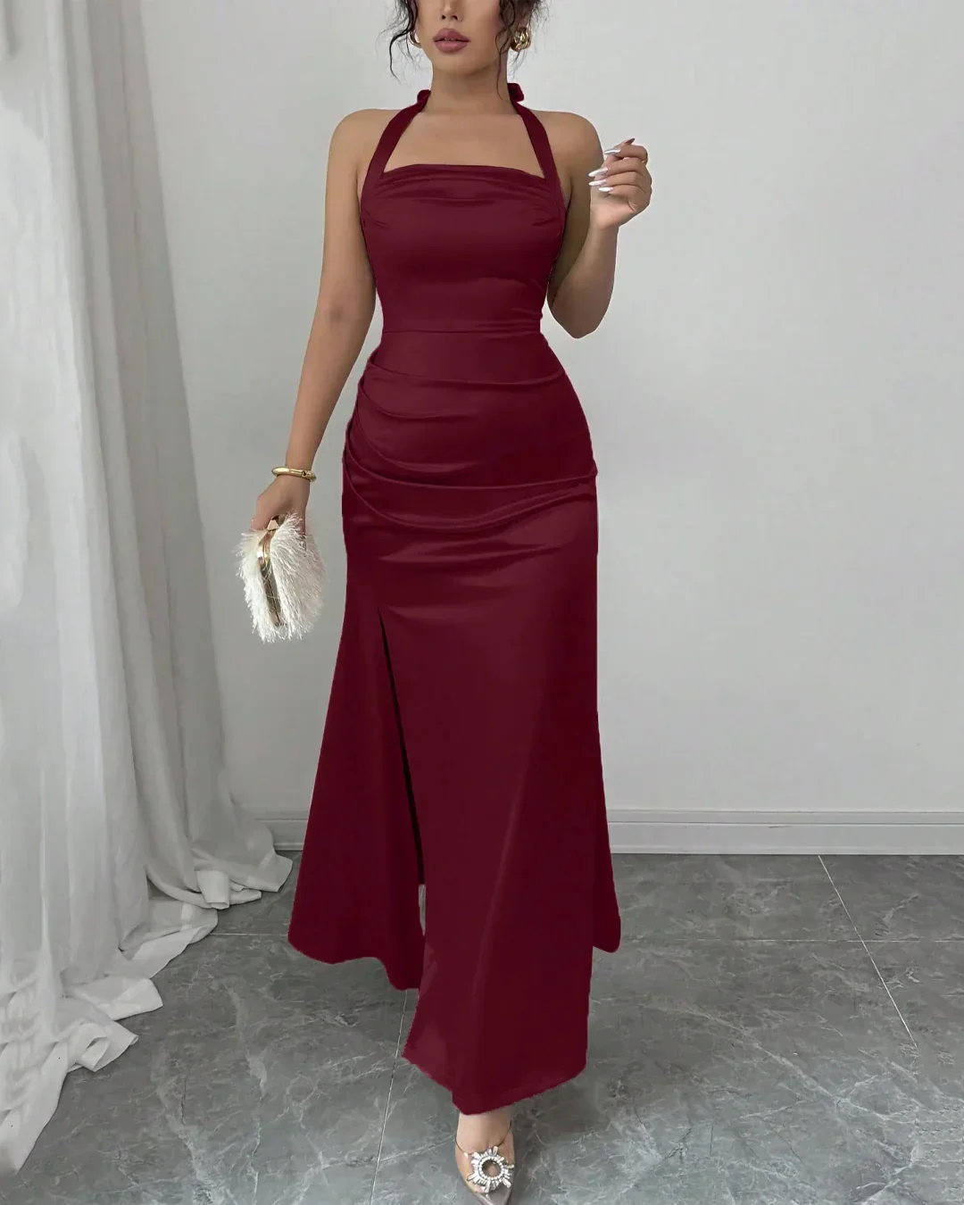 Satin Sleeveless Halter Neck  Maxi Dress in Red - Image 2