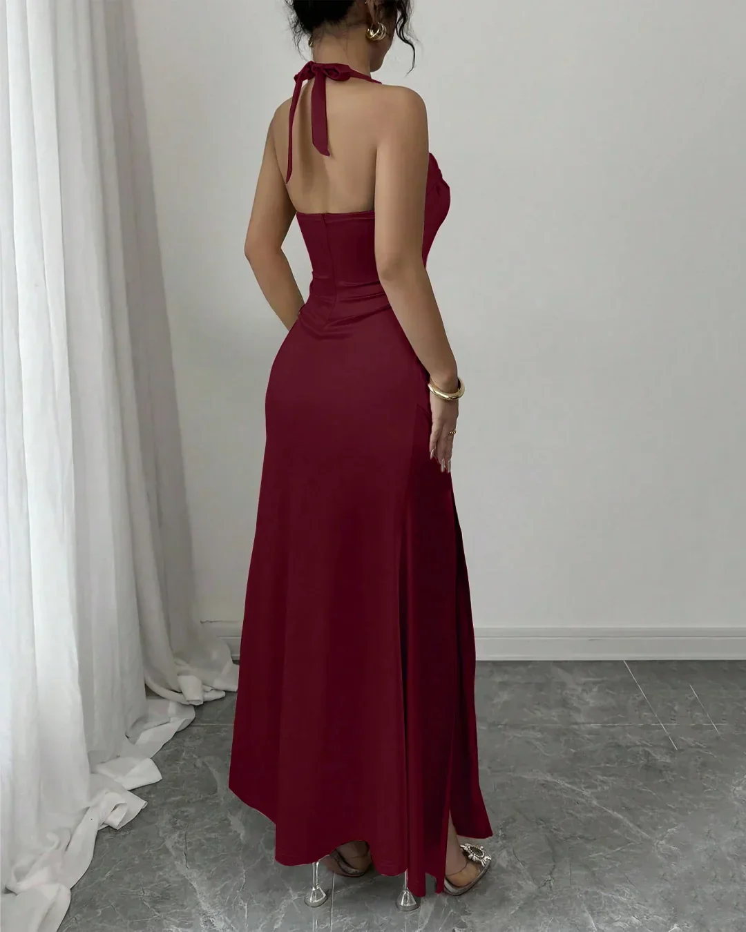 Satin Sleeveless Halter Neck  Maxi Dress in Red - Image 3