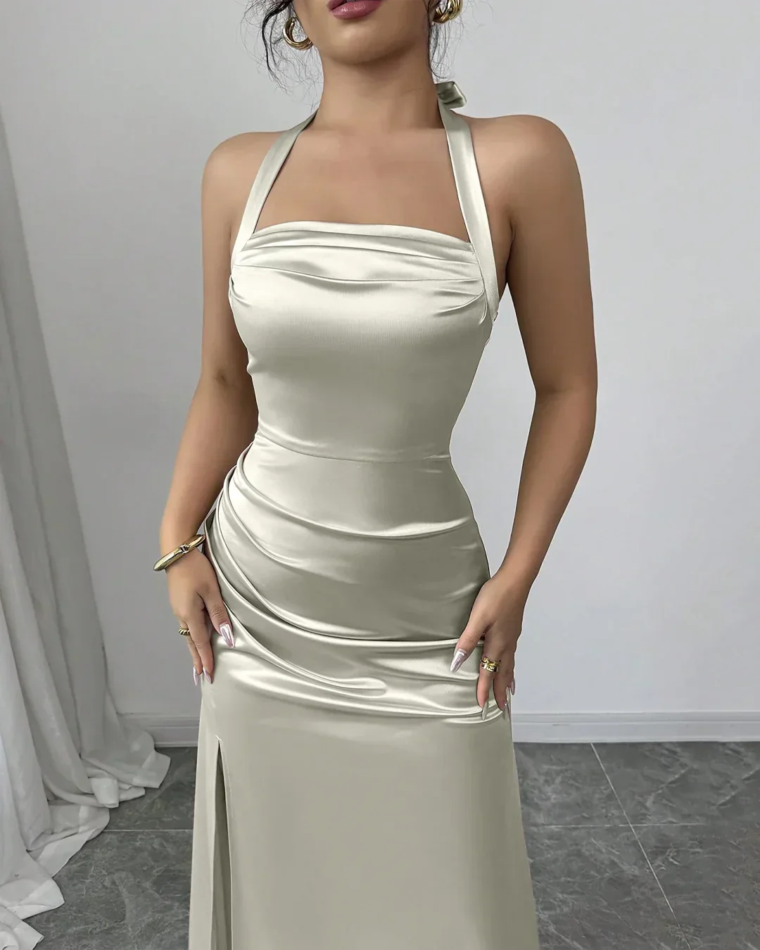 Halter Neck Side Slit Satin Maxi Dress in Off White - Image 2