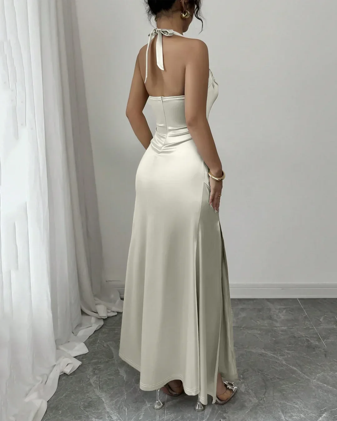 Halter Neck Side Slit Satin Maxi Dress in Off White - Image 3
