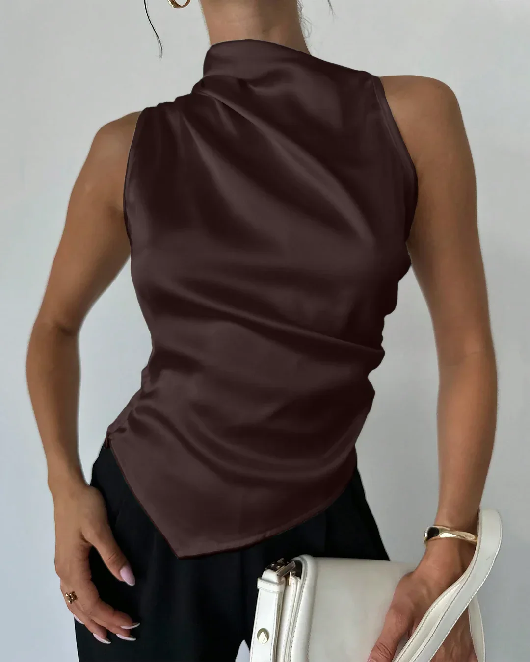 Satin Sleeveless High Neck Asymmetrical Hem Top in Coffee