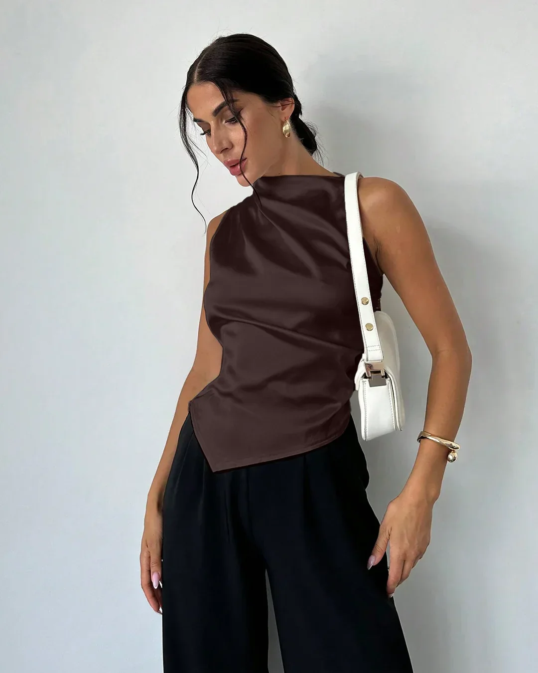 Satin Sleeveless High Neck Asymmetrical Hem Top in Coffee - Image 2