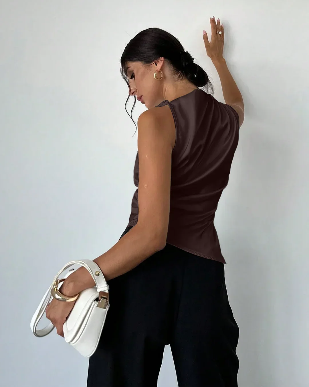 Satin Sleeveless High Neck Asymmetrical Hem Top in Coffee - Image 3