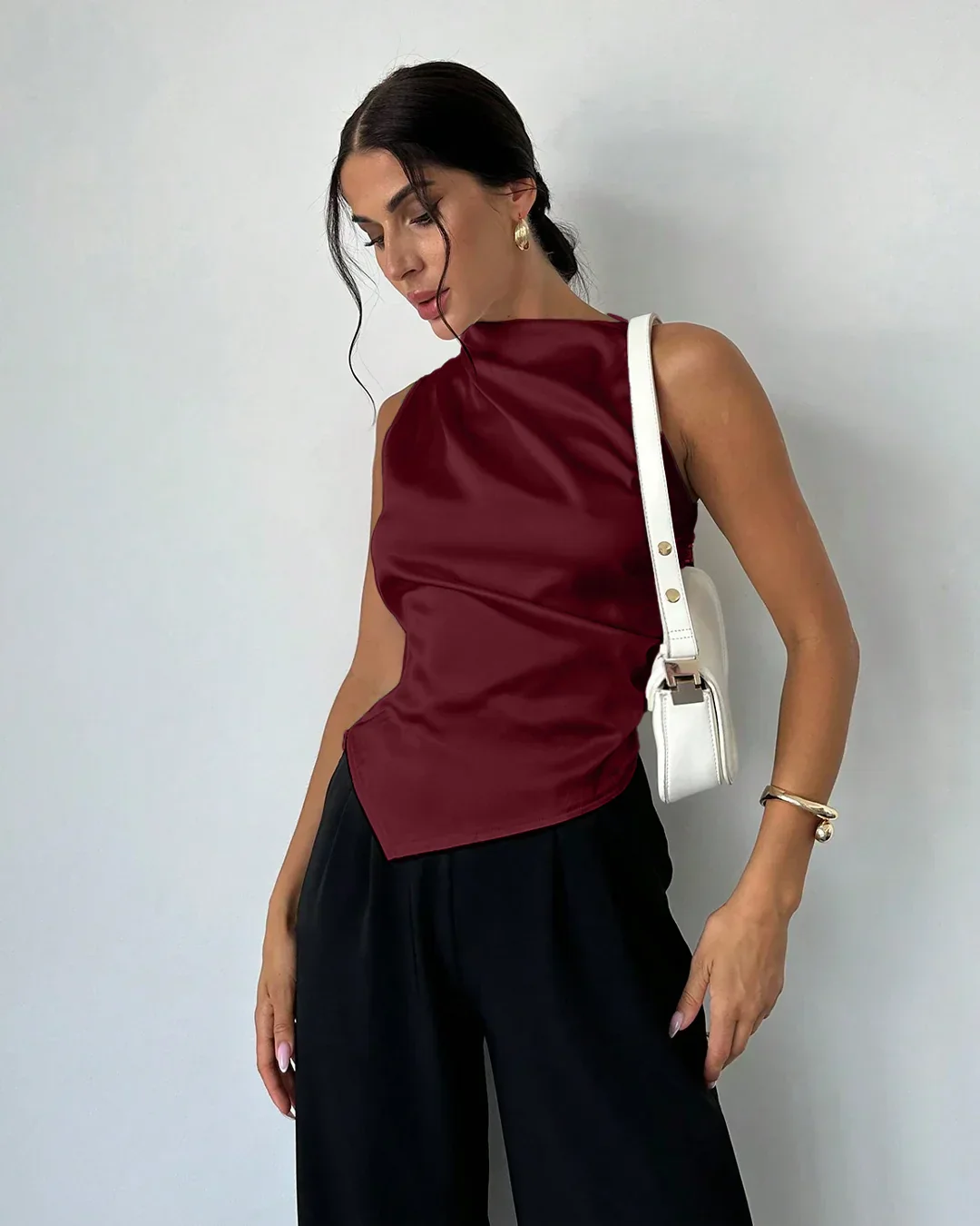Satin Sleeveless High Neck Asymmetrical Hem Top in Red - Image 2