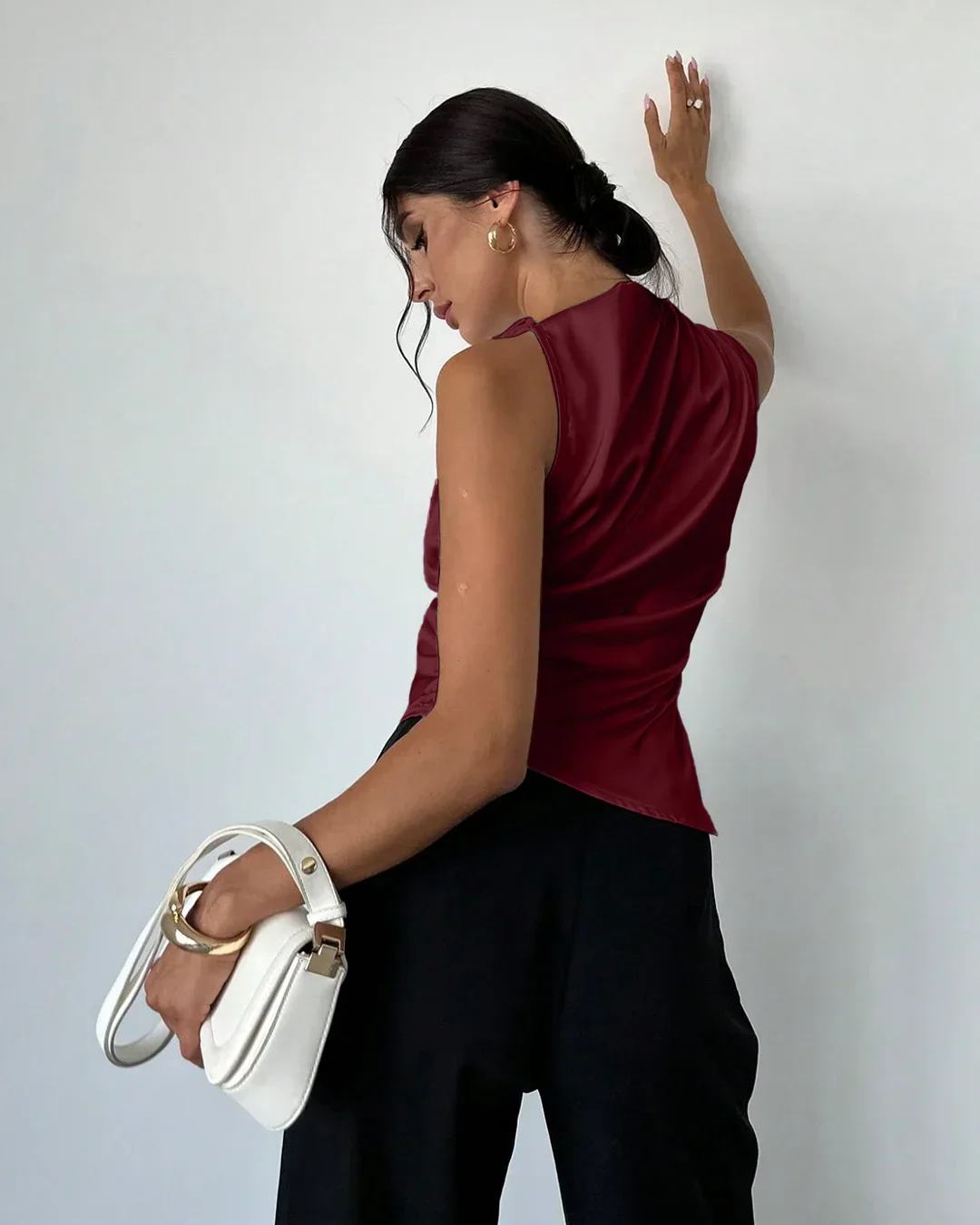 Satin Sleeveless High Neck Asymmetrical Hem Top in Red - Image 3