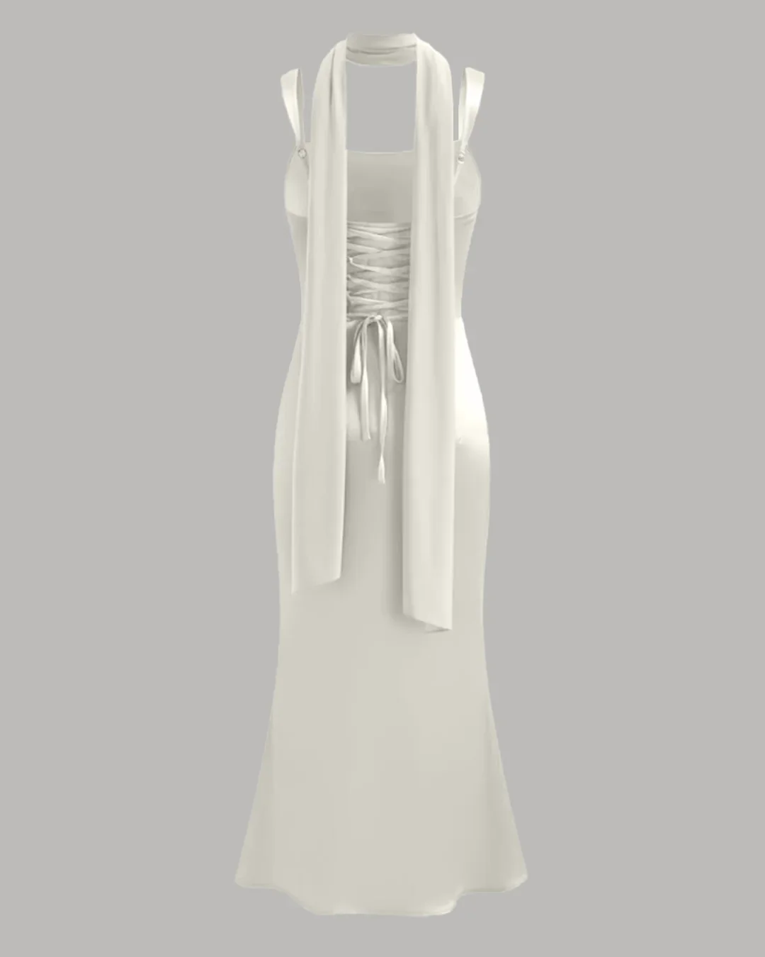 Satin Square Neck Ruched Lace Up Maxi Dress in Off White - Image 2