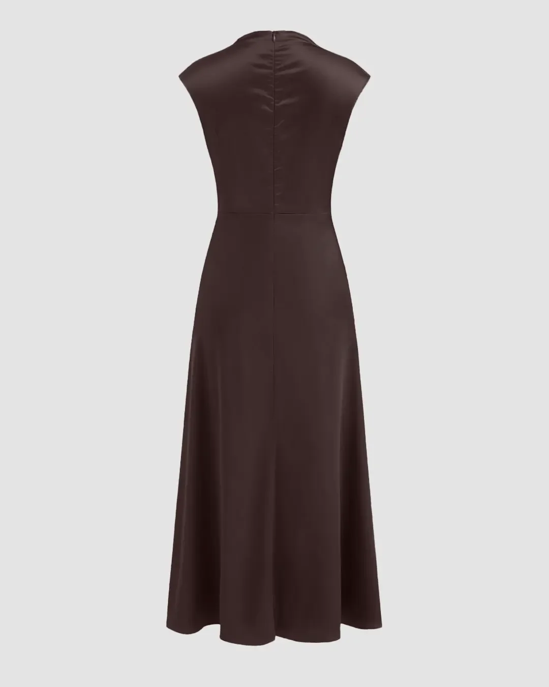 Satin Stand Collar Short Sleeve Asymmetrical Hem Midi Dress in Brown - Image 2