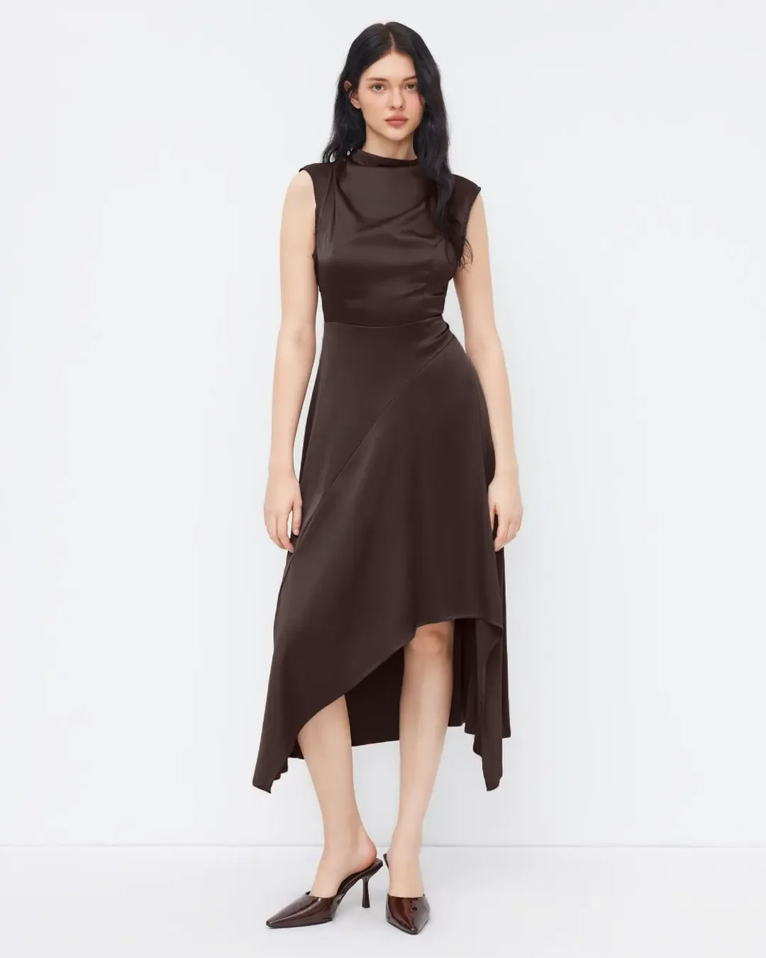 Satin Stand Collar Short Sleeve Asymmetrical Hem Midi Dress in Brown - Image 3