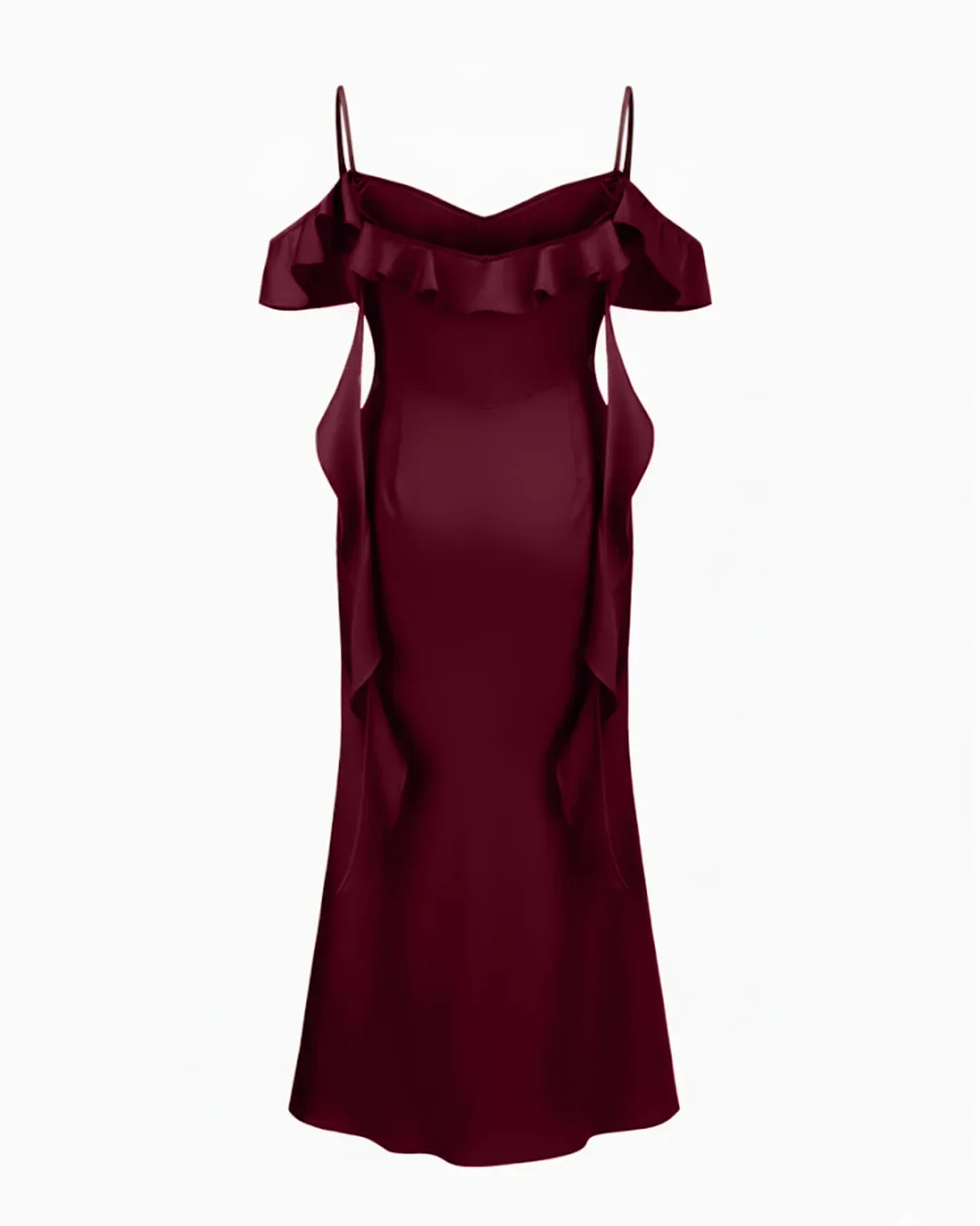 Satin V-neck Backless Ruffle Hem Maxi Dress Curve & Plus in Burgundy - Image 2
