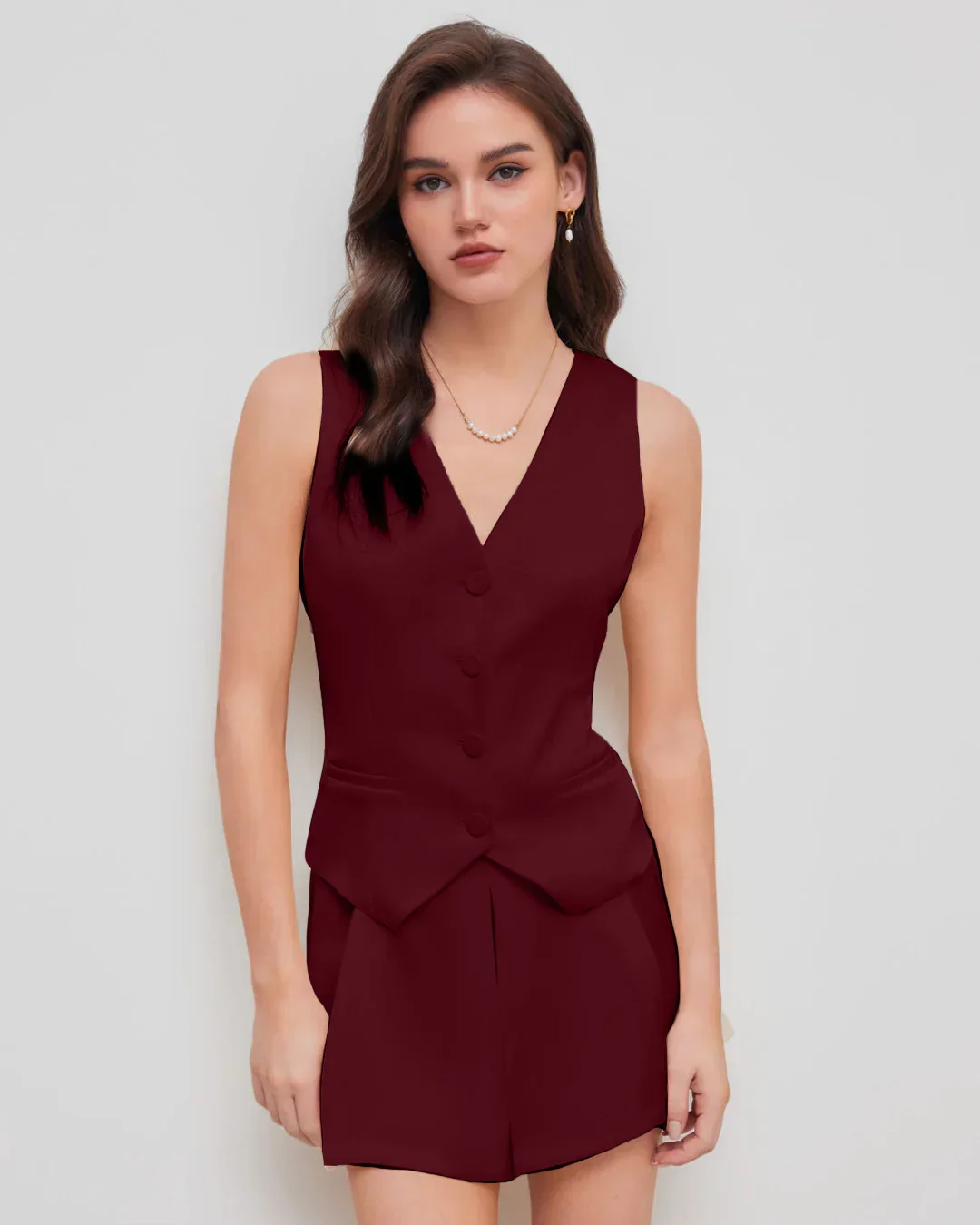 Satin V-neck Solid Button Vest in Red - Image 2