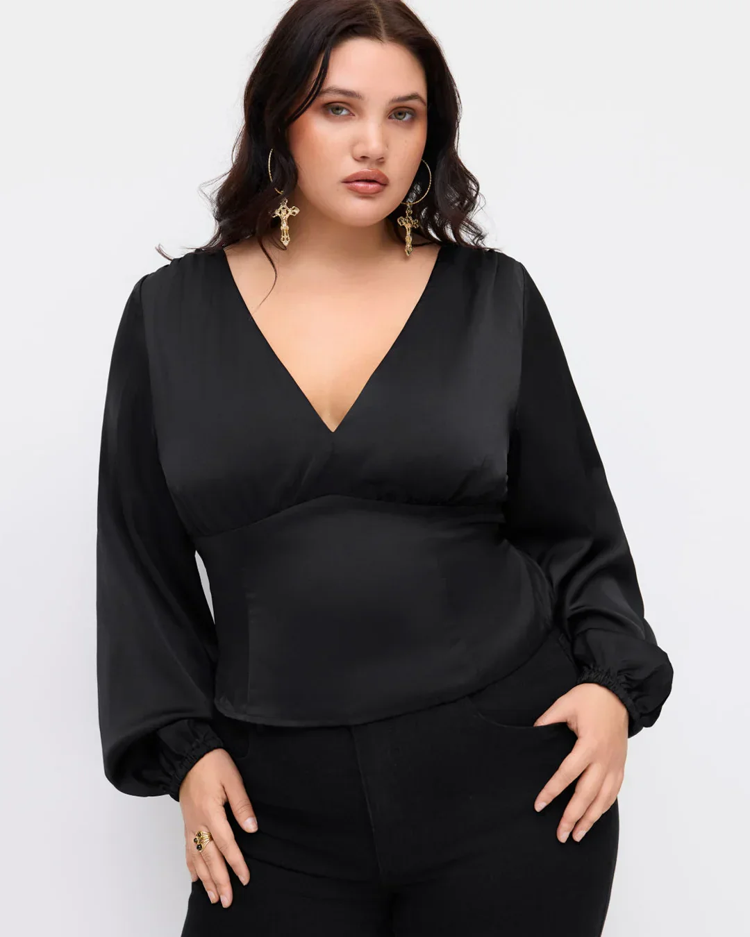 Satin V-neck Tie Back Long Sleeve Top Curve & Plus in Black - Image 3