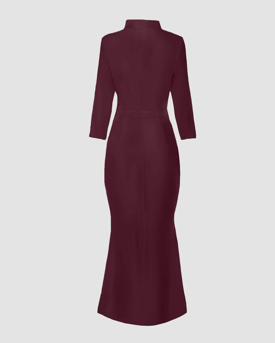 Satin V-Neck Waist-Tapered Mermaid Dress with High-Low Hem in Maroon - Image 2