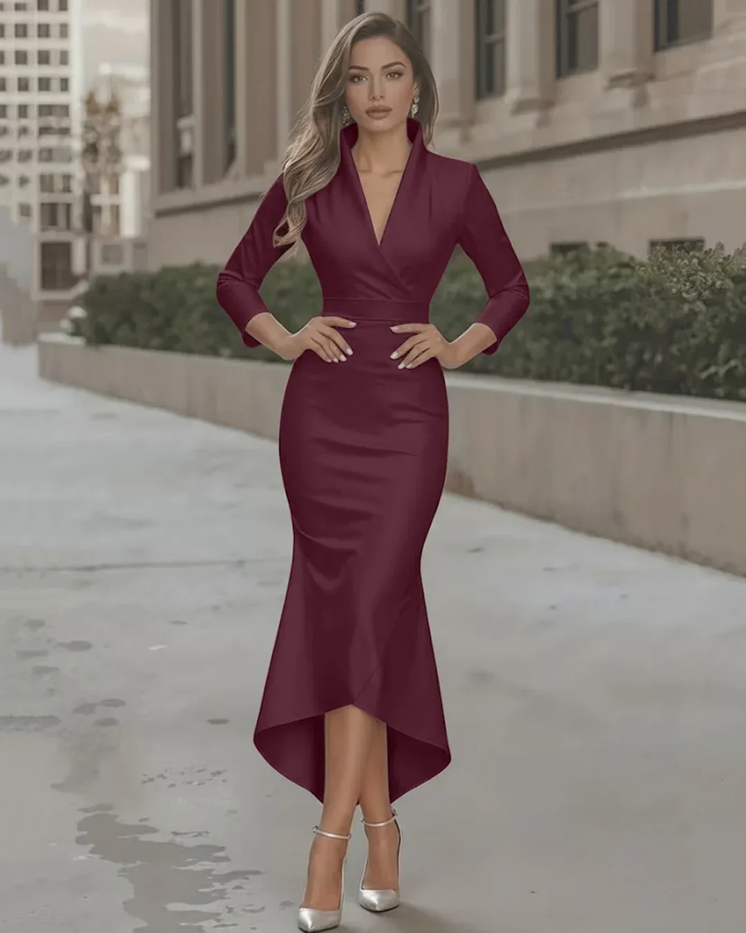 Satin V-Neck Waist-Tapered Mermaid Dress with High-Low Hem in Maroon - Image 3