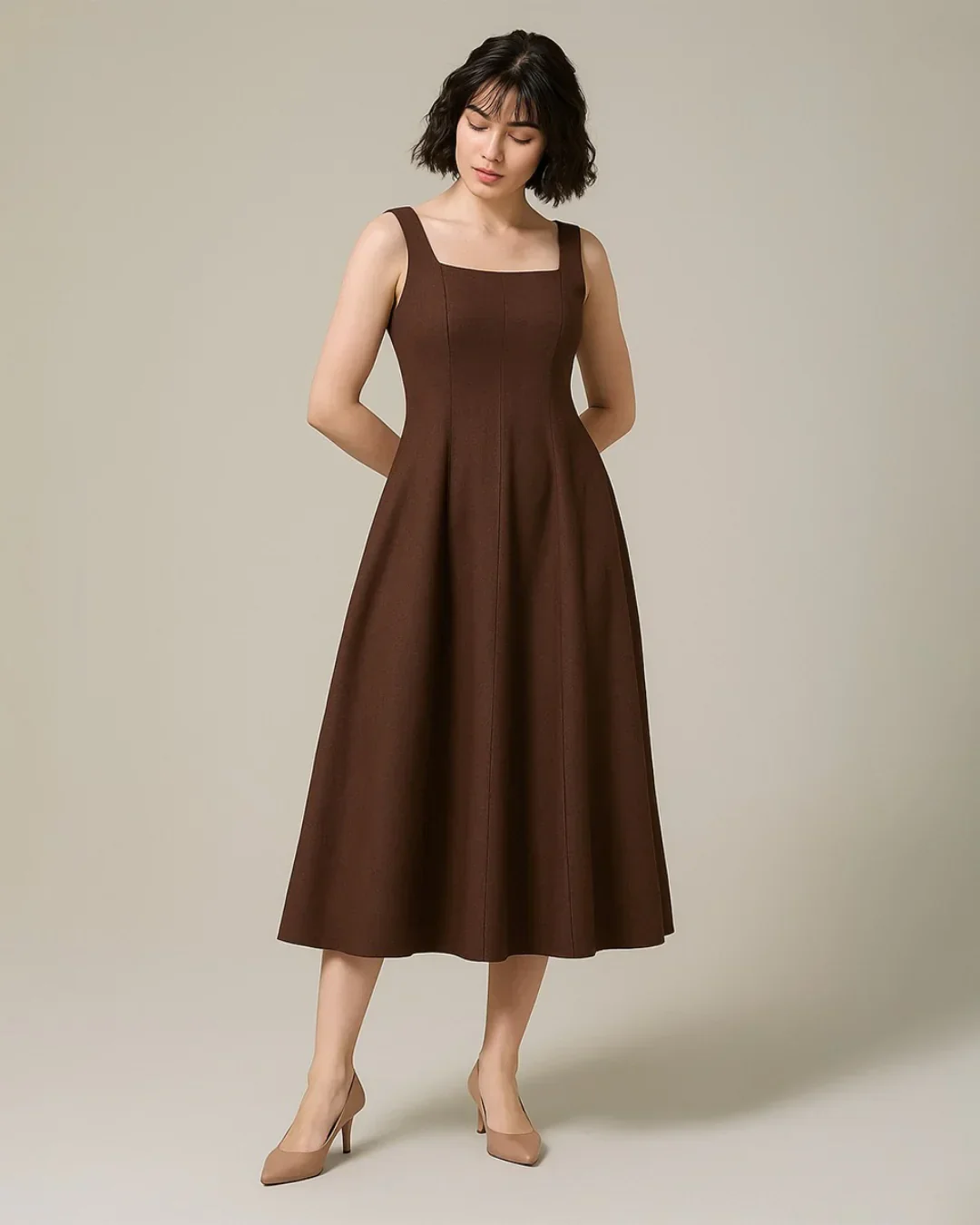 Scoop Neck Retro Style Midi Dress In Chocolate - Image 2