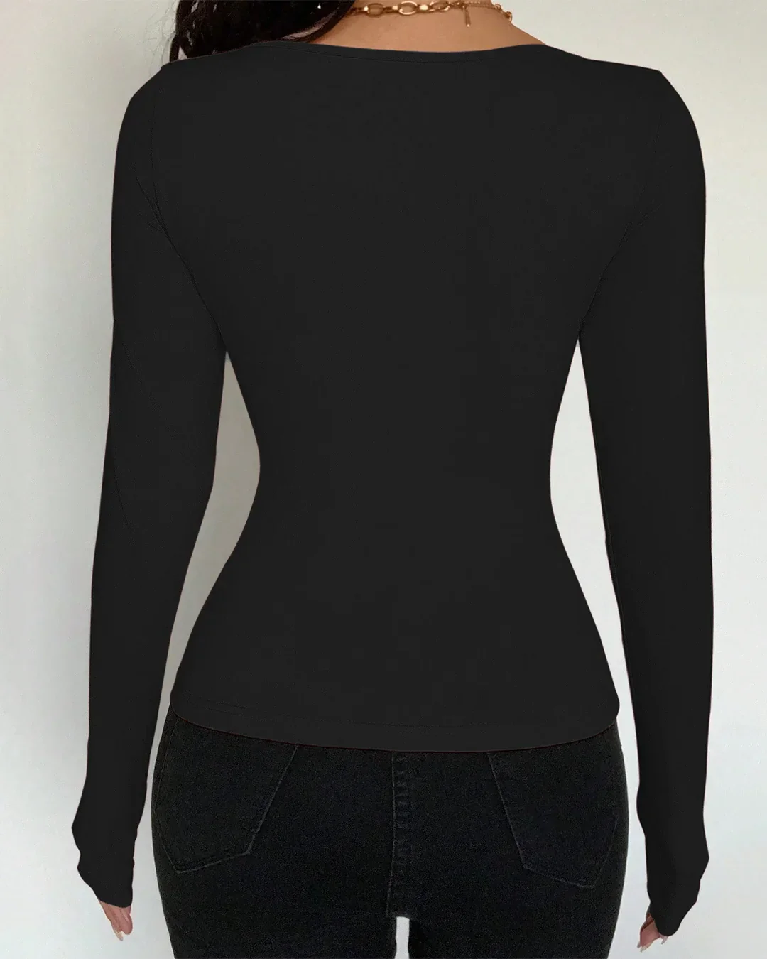 Scoop Neck Slim Fit Solid Full Sleeve Top in Black - Image 2